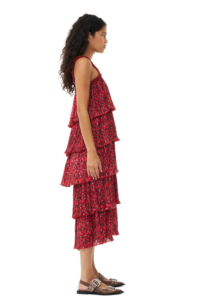 Red Pleated Georgette Flounce Strap Midi-kjole, Recycled Polyester, in colour Racing Red - 3 - GANNI
