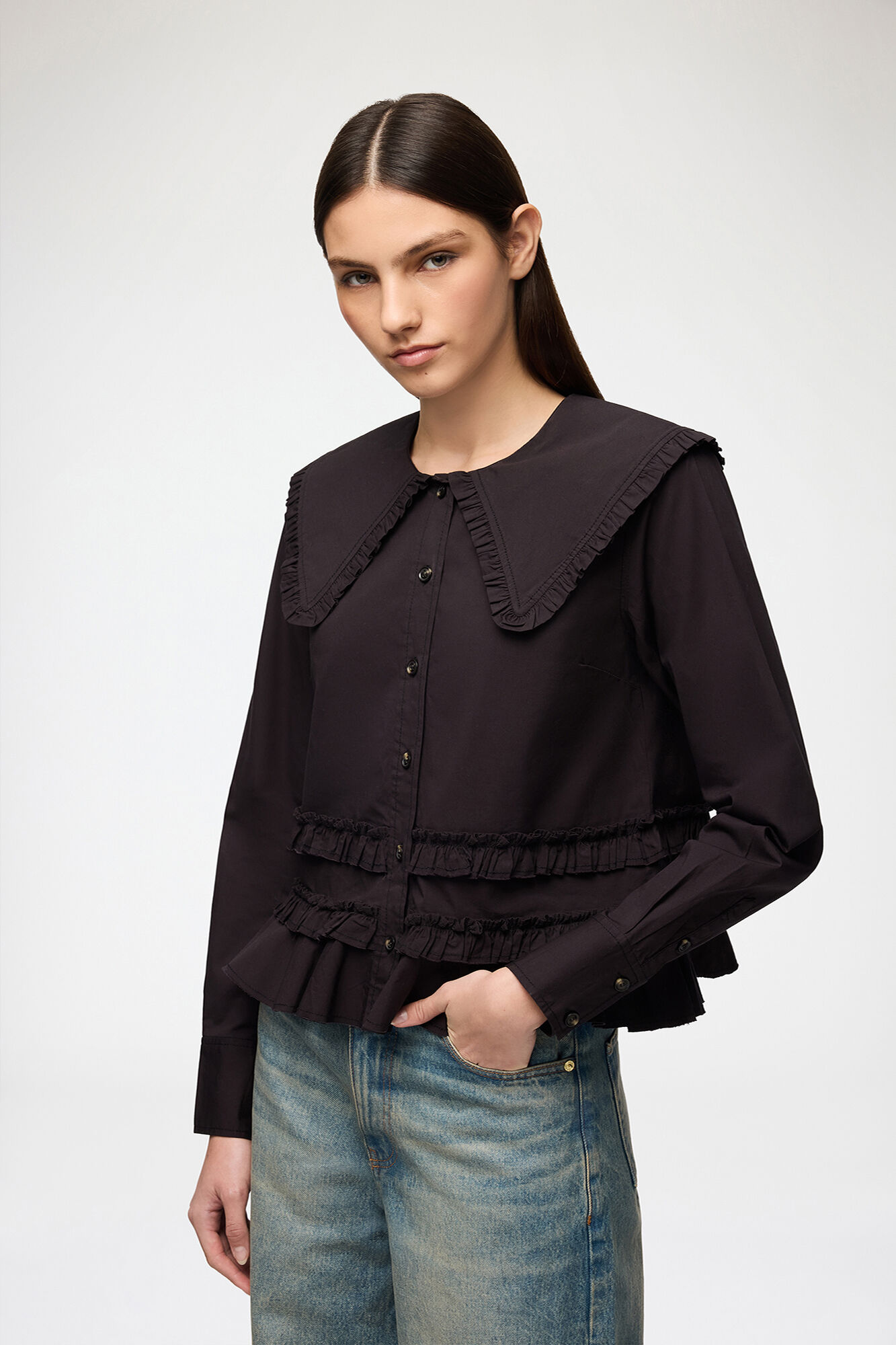 Stretch Cotton Ruffle Shirt, Organic Cotton, in colour Black - 1 - GANNI