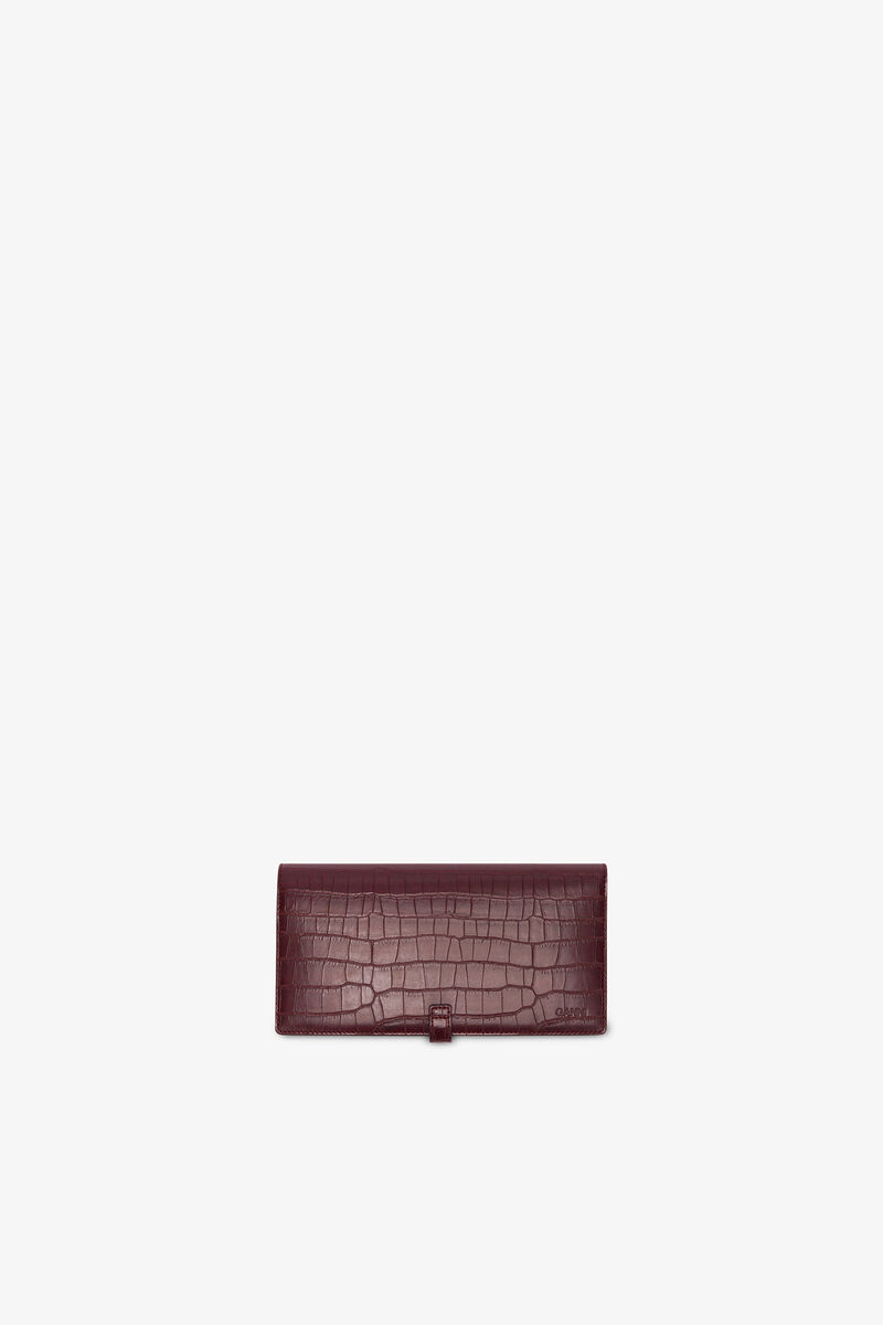Lang, smal bordeauxfarvet Sue pung med krokodillem&oslash;nster, Recycled Leather, in colour Burgundy - 2 - GANNI