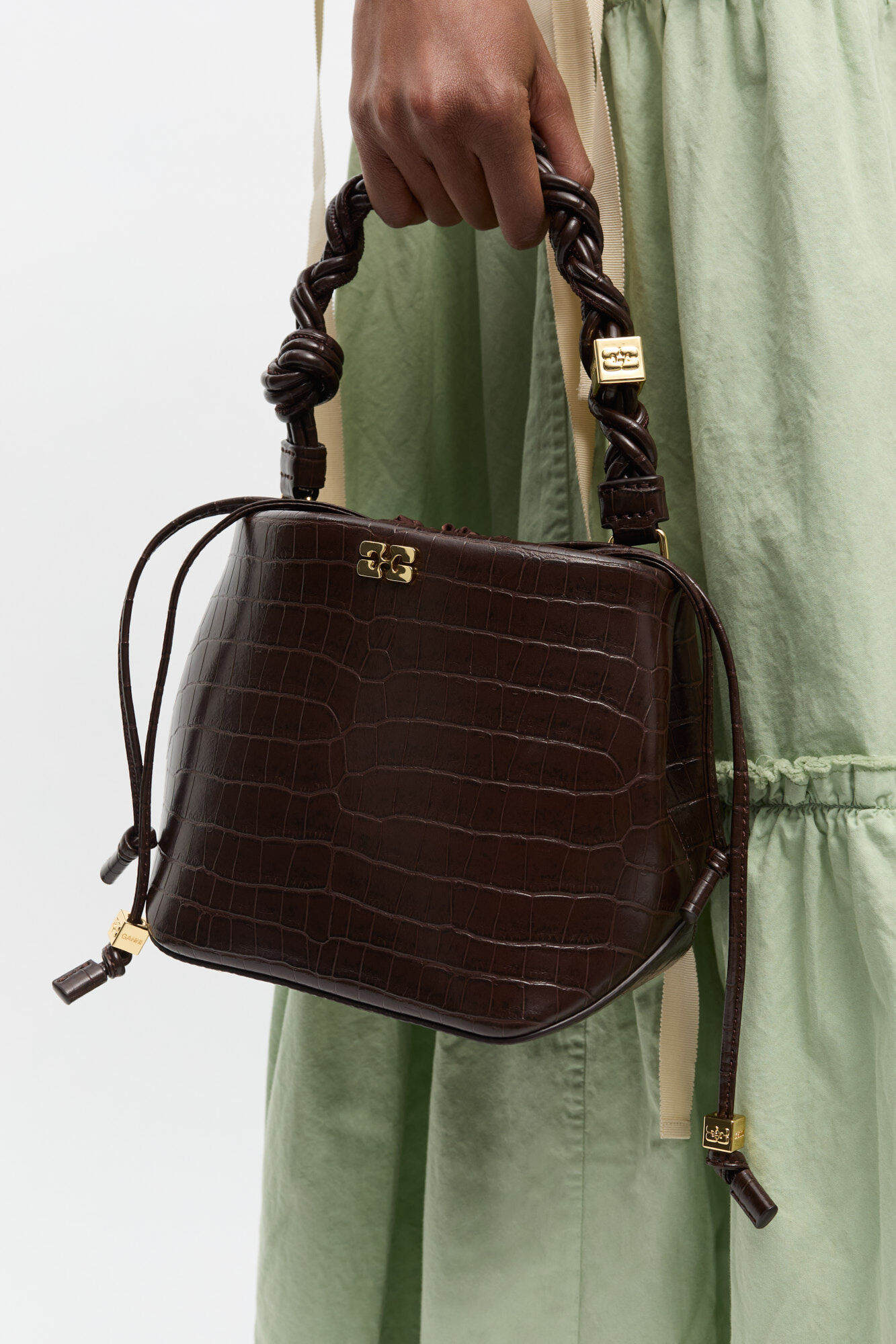 Brown Croco Bou Bucket Bag, Recycled Leather, in colour Chocolate Fondant - 3 - GANNI