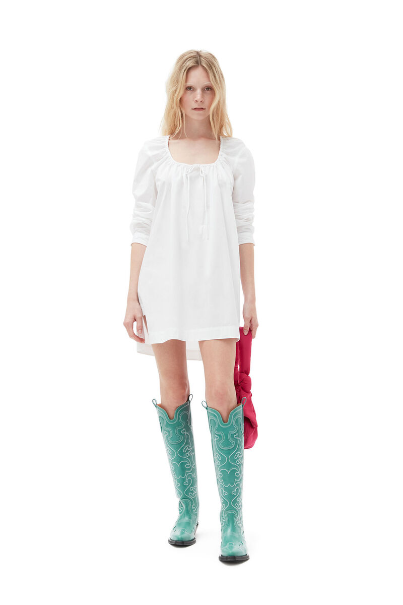 Miniklänning med fyrkantig halsringning i bomullspoplin, Cotton, in colour Bright White - 1 - GANNI