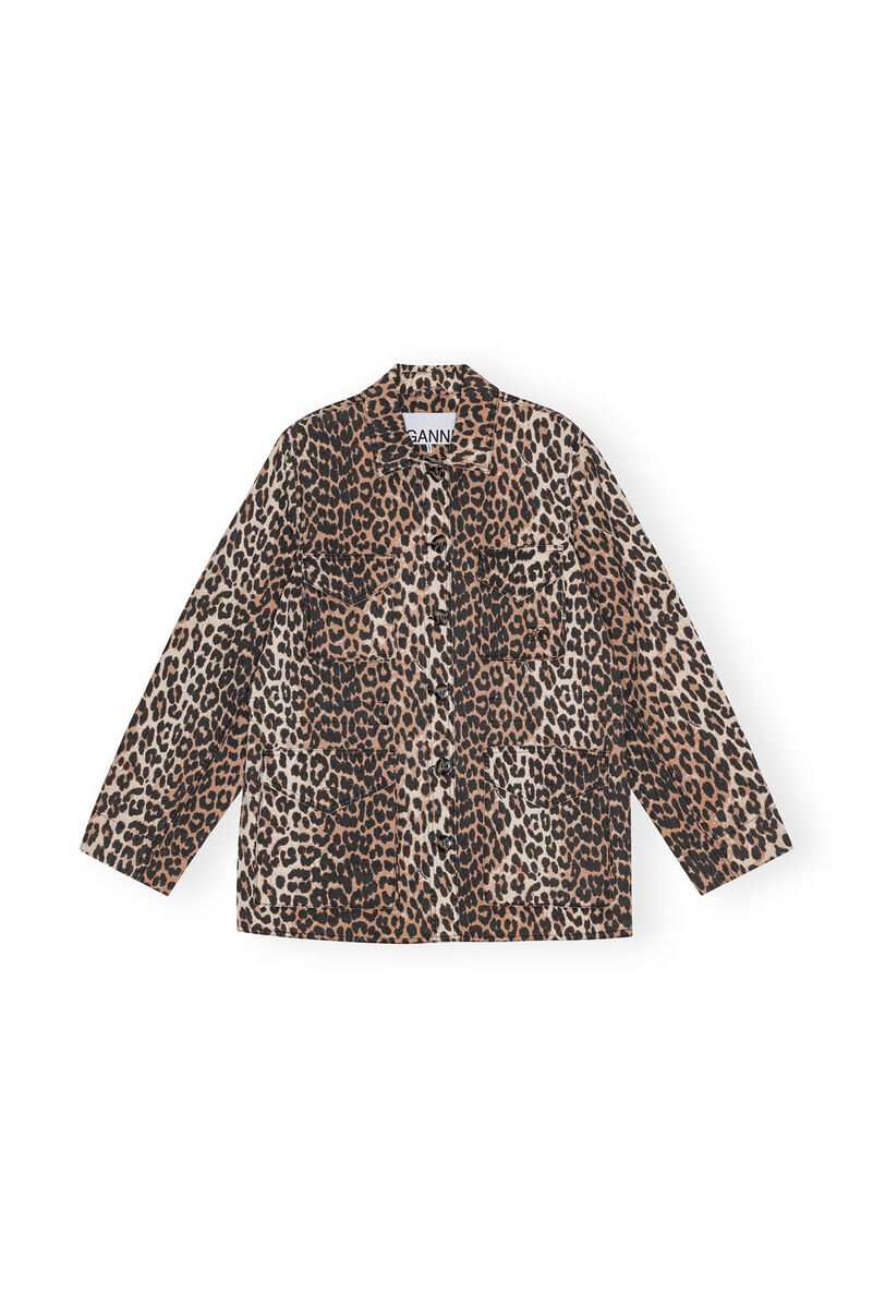 Leopard Cotton Canvas Jacket, Elastane, in colour Almond Milk - 1 - GANNI