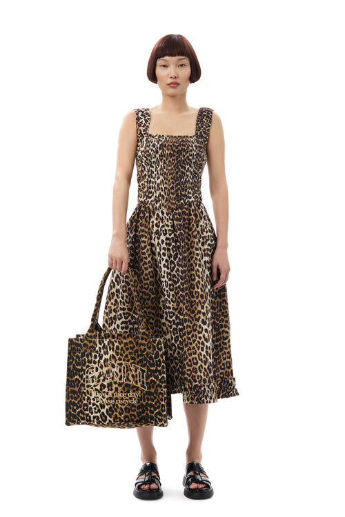 Leopard Large Canvas Tote Bag, Recycled Cotton, in colour Leopard - 1 - GANNI