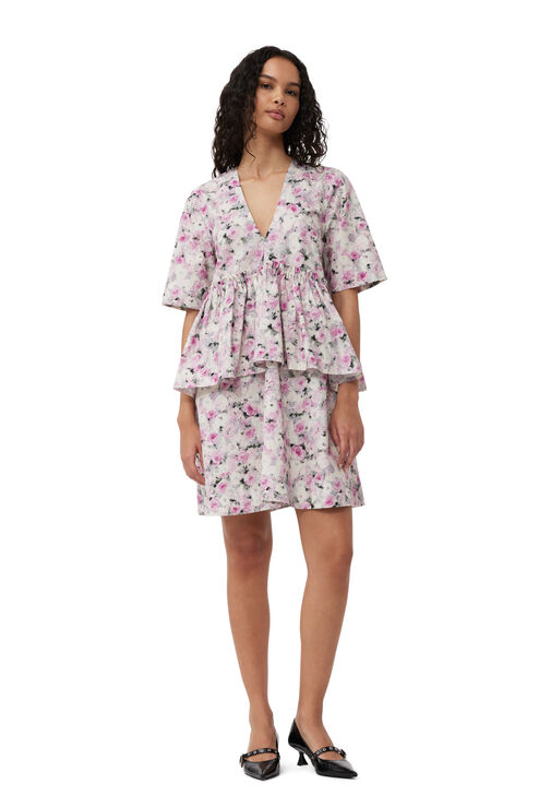 GANNI GANNI PRINTED COTTON FLOUNCE MINI DRESS - SIZE 34