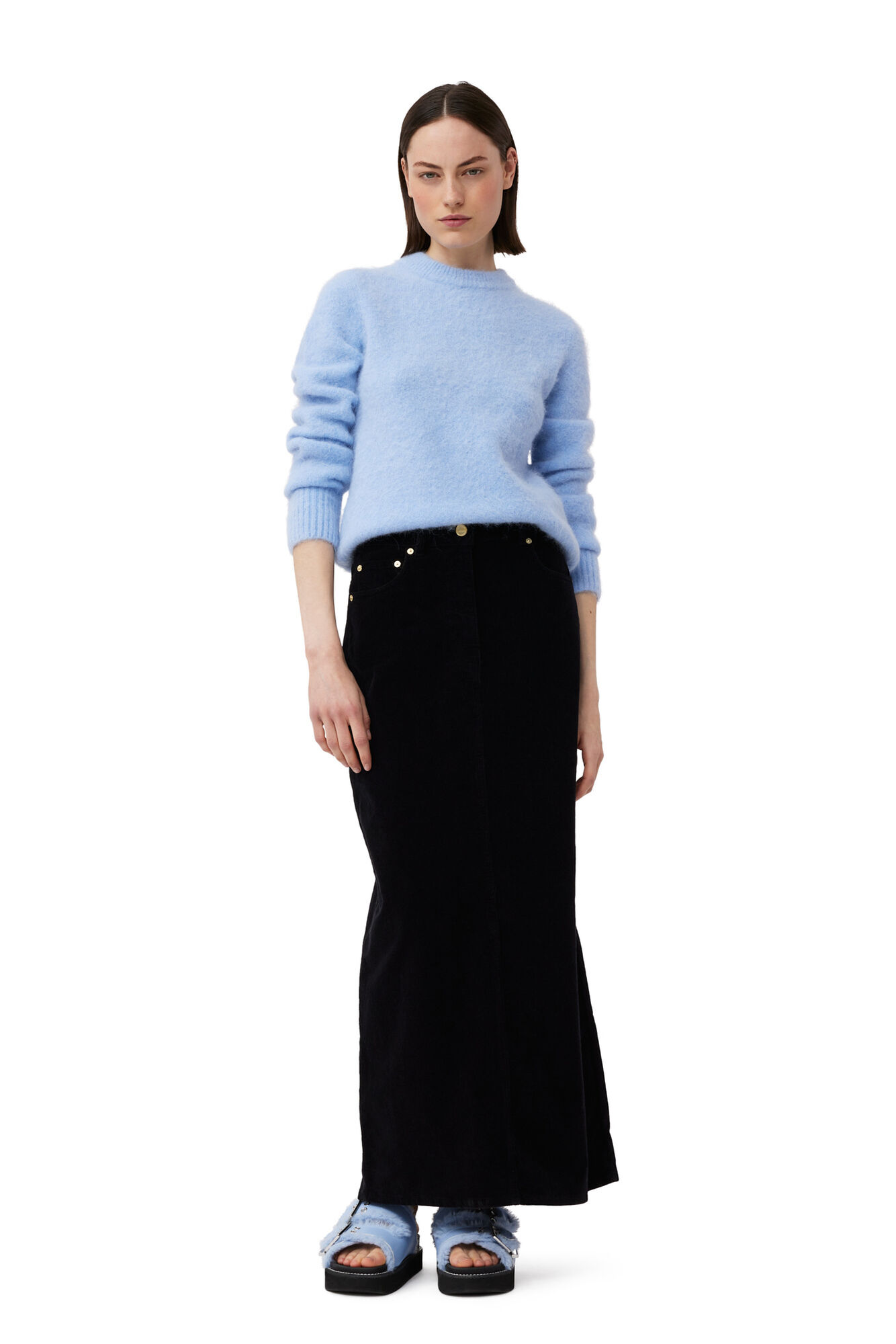 Black Washed Corduroy Long Skirt, Elastane, in colour Black - 1 - GANNI