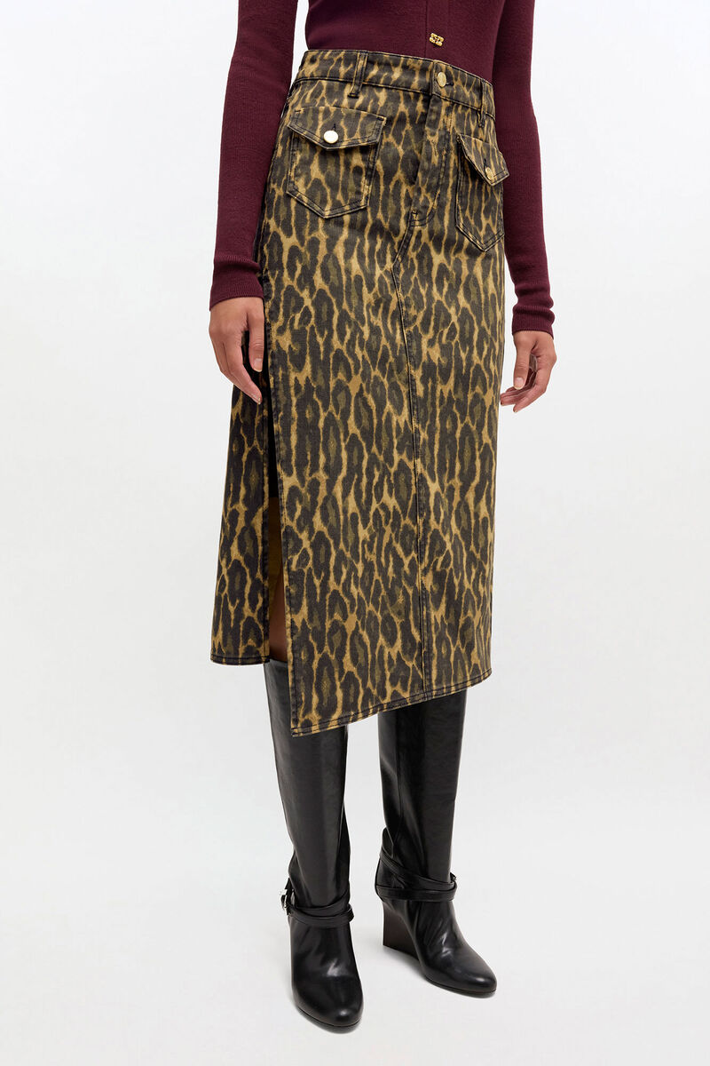Leopard Print Denim Midi Skirt, Organic Cotton, in colour Khaki - 1 - GANNI