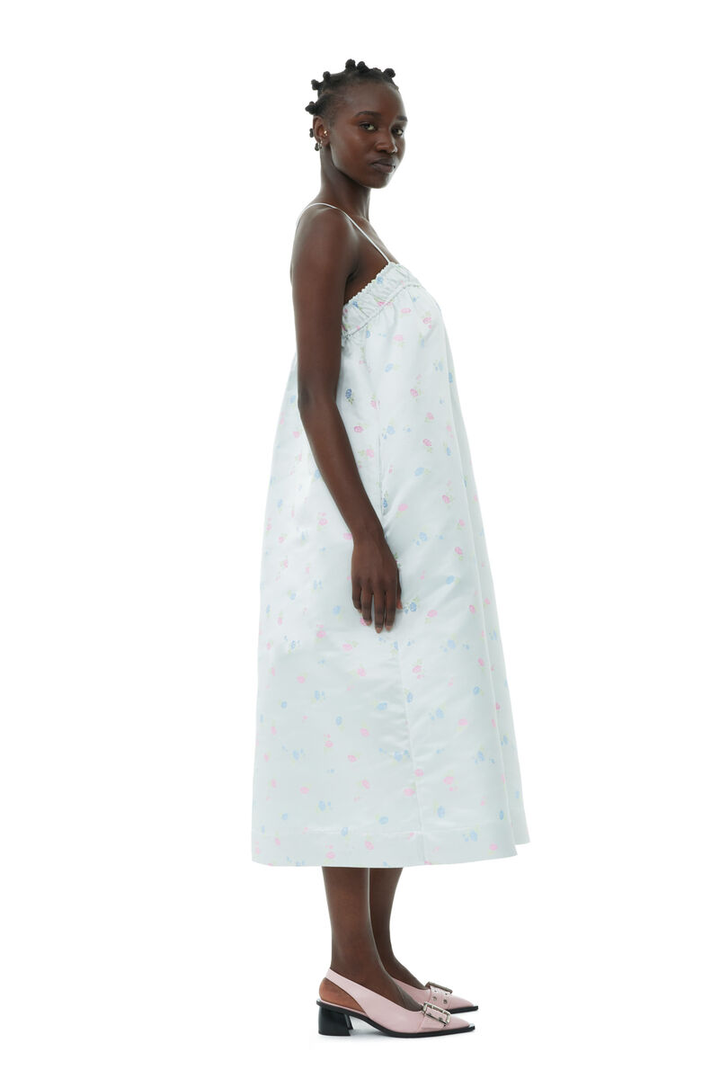 Floral Sateen Jacquard Midi Strap Kleid, Polyester, in colour Tofu - 3 - GANNI