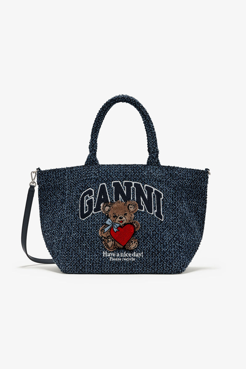 Tweed Denim Small Bear Tote, in colour Rinse - 1 - GANNI