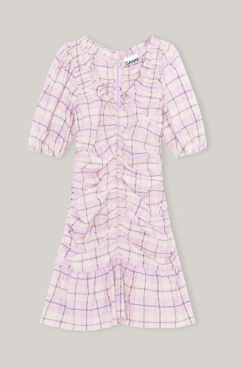 Ganni Seersucker Check Mini Dress Orchid Bloom Size 34 In Orchid Bloom