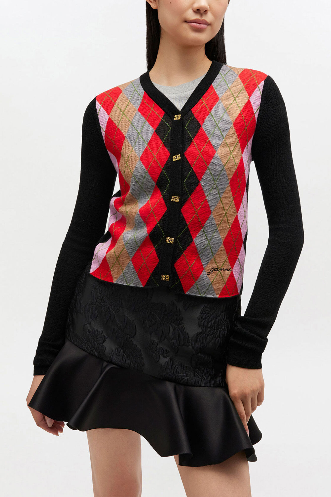 Fine Merino Harlequin Cardigan, Wool, in colour Jet Black - 1 - GANNI