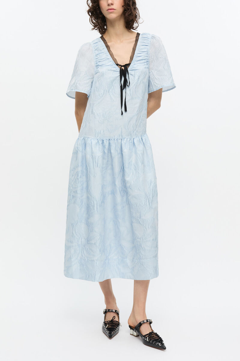 Blue Textured Cloque Midi Dress, Recycled Polyester, in colour Soft Chambray - 1 - GANNI