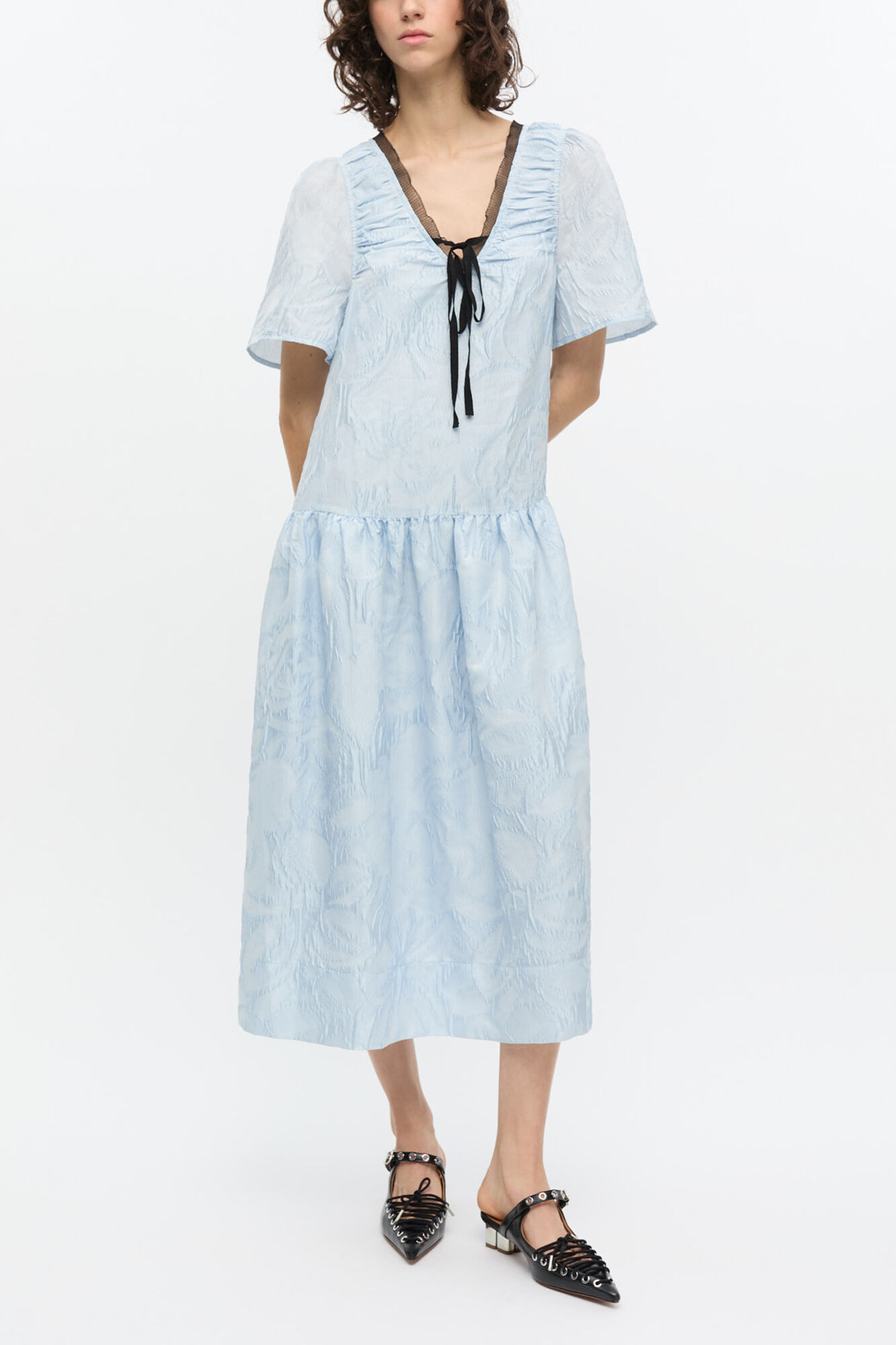 Blue Textured Cloque Midi Dress, Recycled Polyester, in colour Soft Chambray - 1 - GANNI