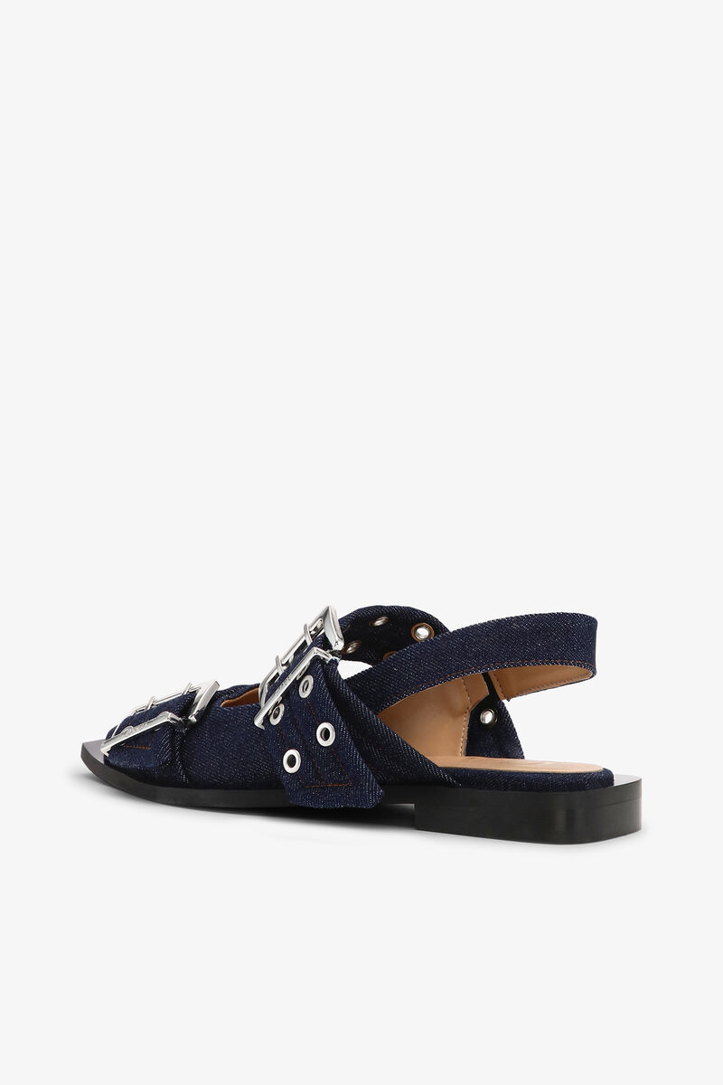 Denim Feminine Buckle Ballerinas, Recycled Cotton, in colour Dark Navy - 3 - GANNI