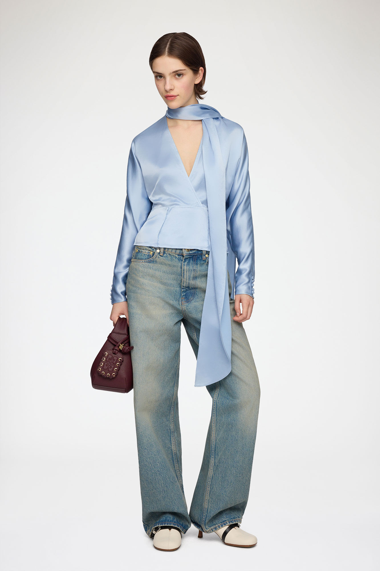 Blouse in Blue Satin, Acetate, in colour Soft Chambray - 2 - GANNI
