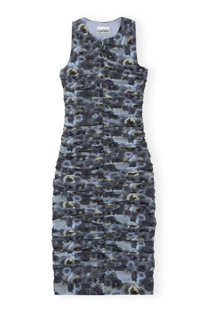 Orange Printed Ruched Mesh Midi Dress, Recycled Nylon, in colour Brunnera Blue - 1 - GANNI