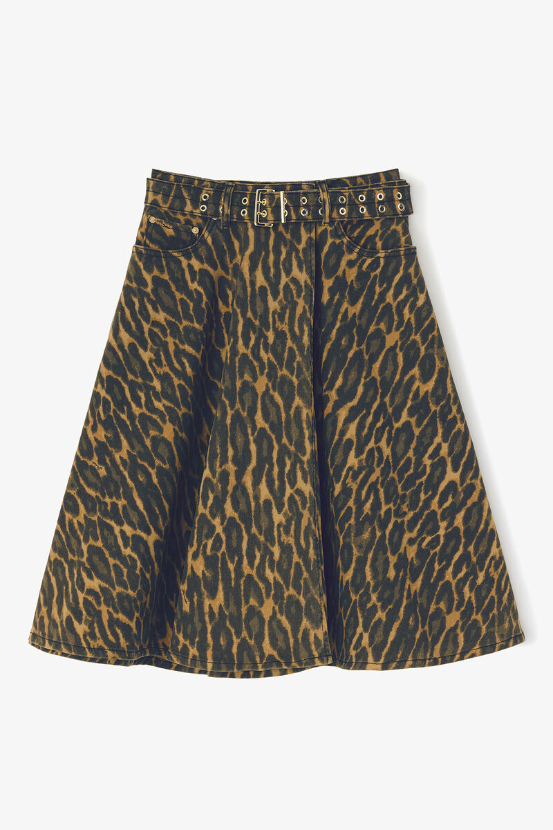 Leopard Denim Wrap Skirt, Organic Cotton, in colour Khaki - 1 - GANNI