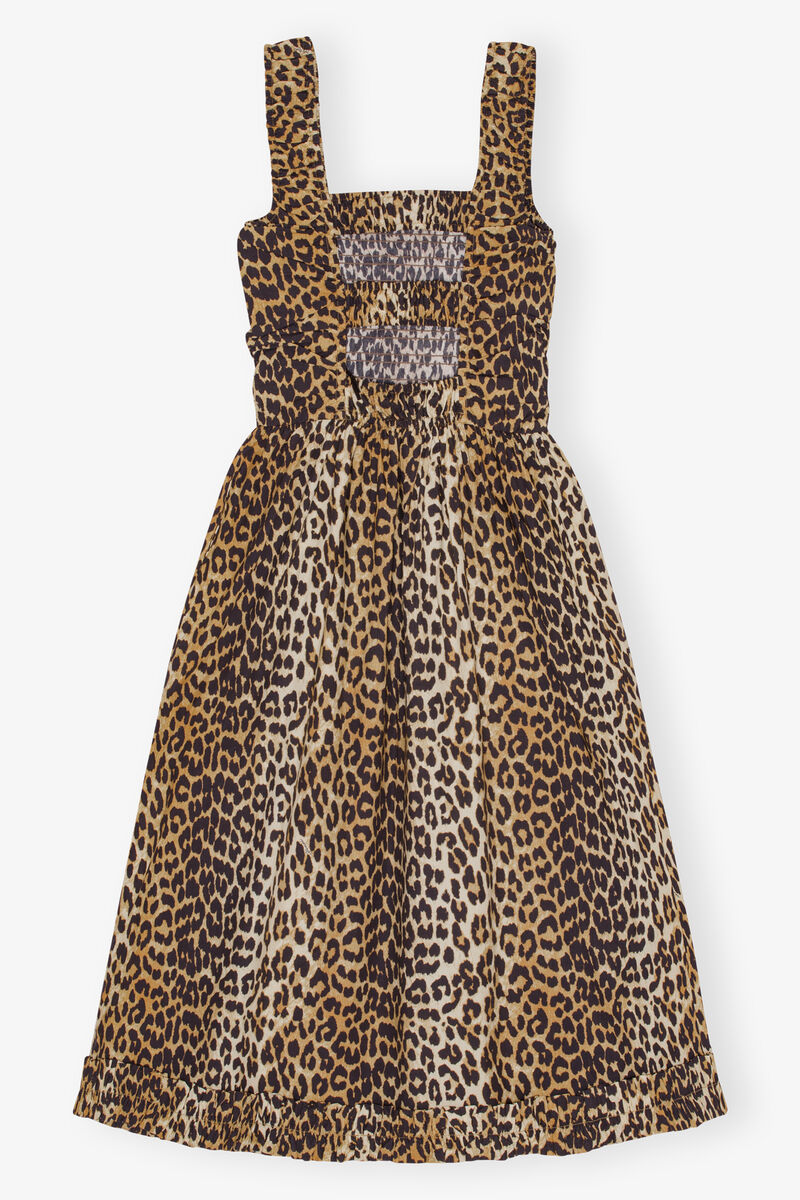 Leopard Printed Cotton Poplin Midi Strap Smock Dress, Cotton, in colour Leopard - 2 - GANNI