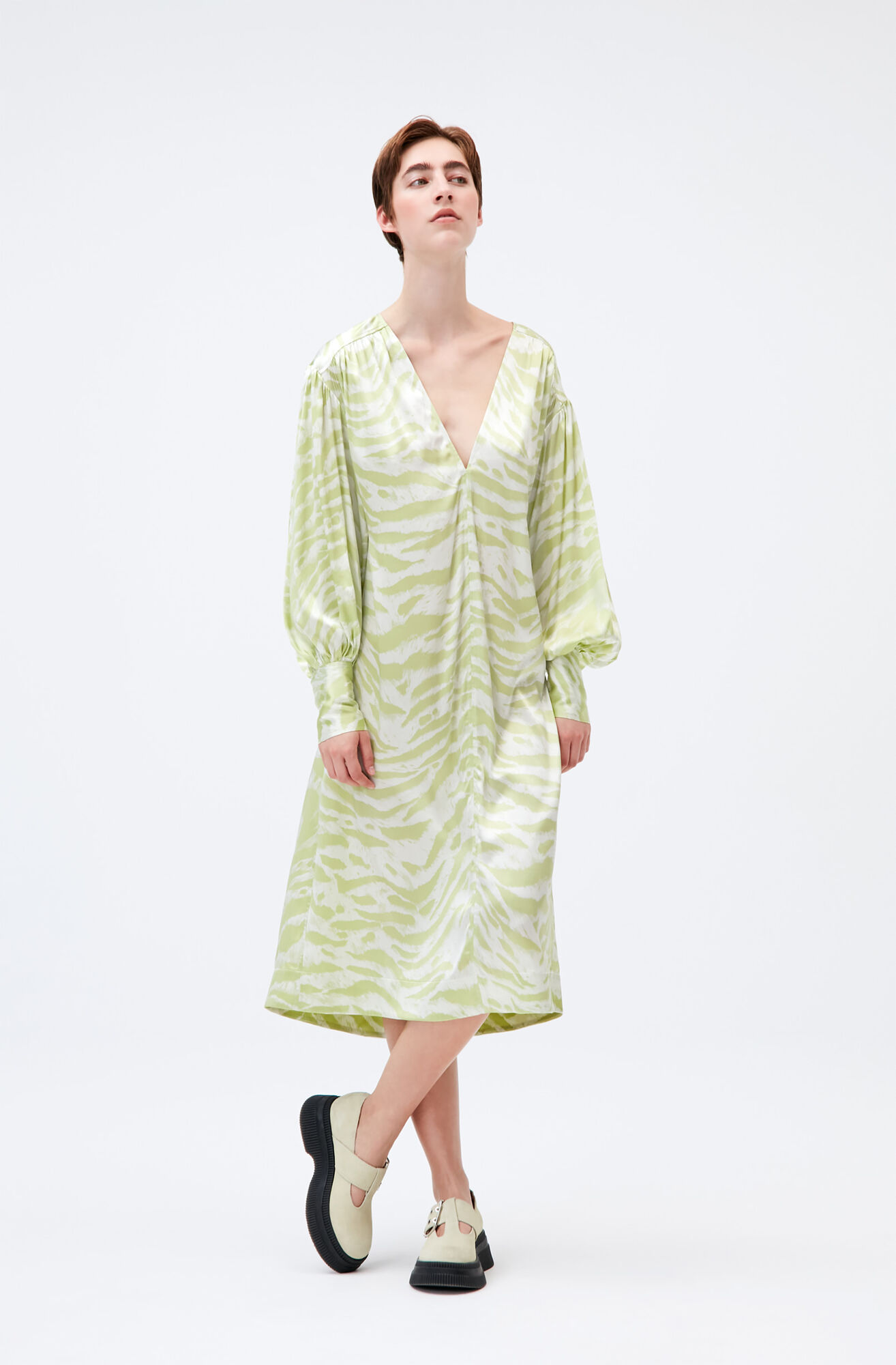 Silk Stretch Satin Drop Shoulder V-Neck Maxi Dress, Elastane, in colour Margarita - 1 - GANNI