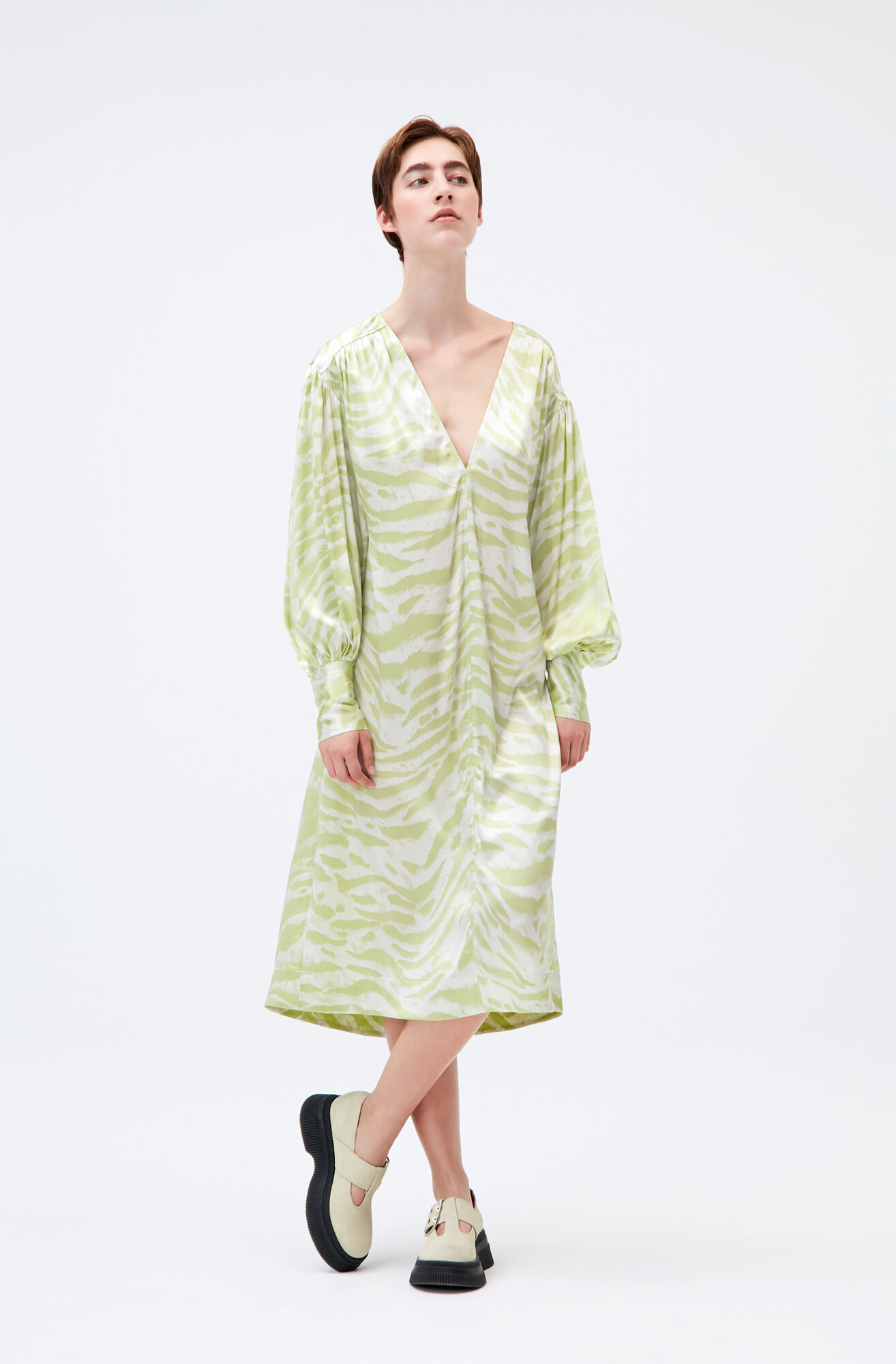 Margarita Silk Stretch Satin Drop Shoulder V Neck Maxi Dress Ganni