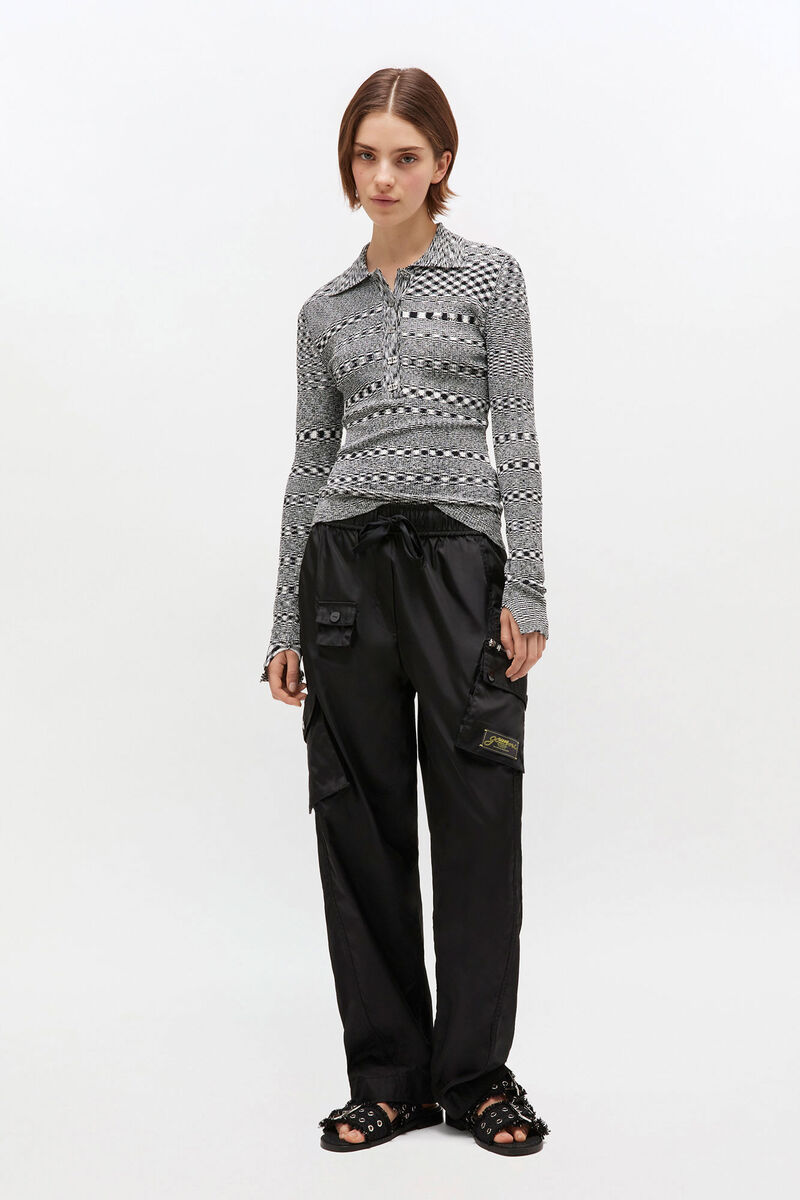 Grey Striped Knitted Polo Shirt, Polyamide, in colour Black - 2 - GANNI