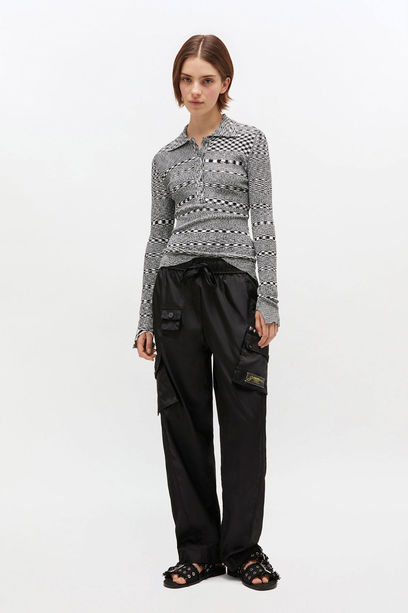 Grey Striped Knitted Polo Shirt, Polyamide, in colour Black - 2 - GANNI