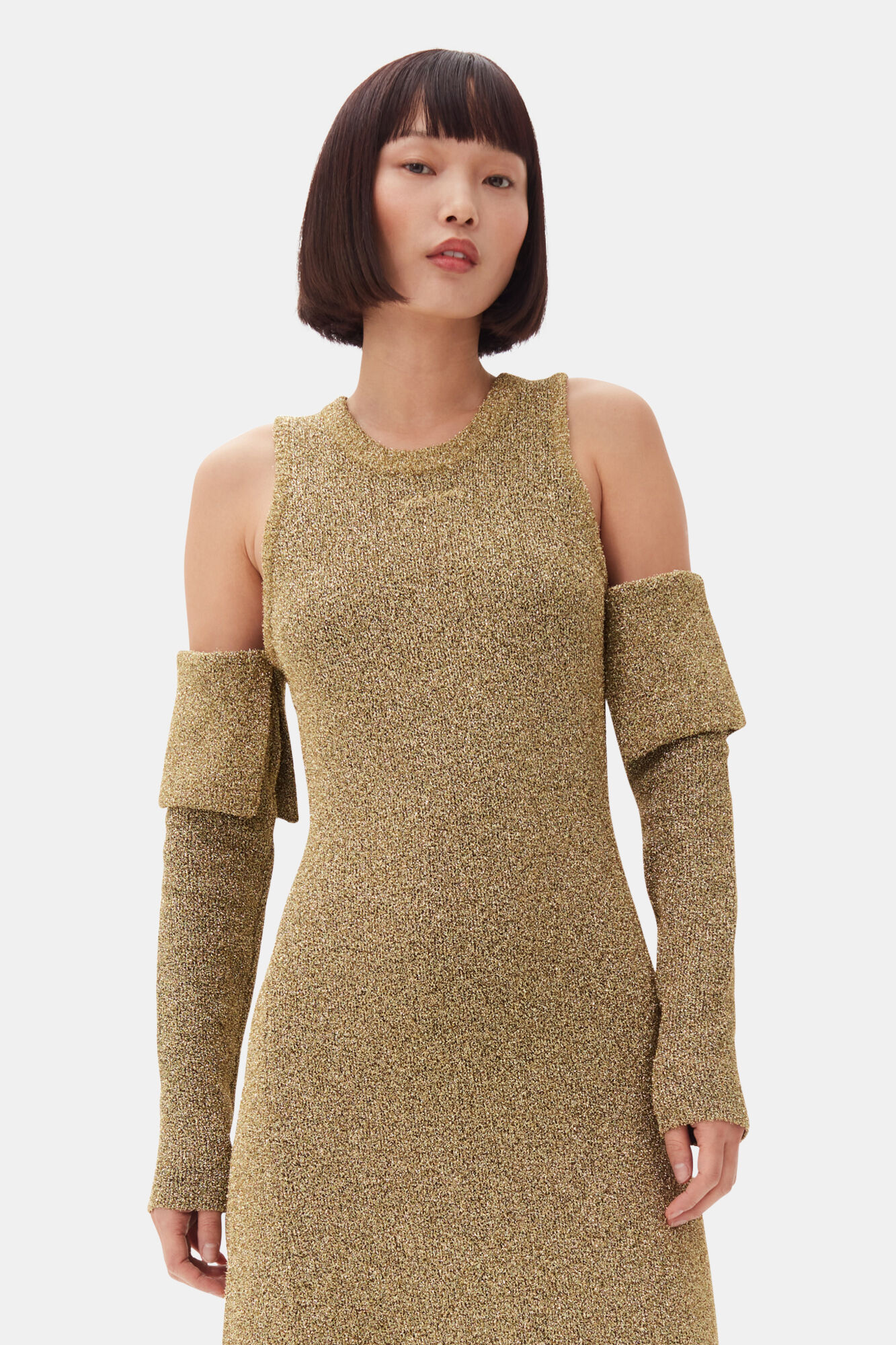 Gold Sparkle Cold-Shoulder Maxi Dress, Metallic fiber, in colour Gold - 2 - GANNI