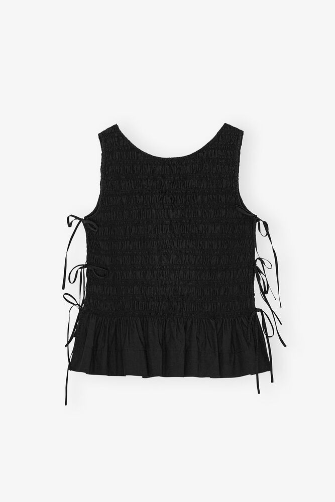 Svart smock-topp i bomull med knyting, Black