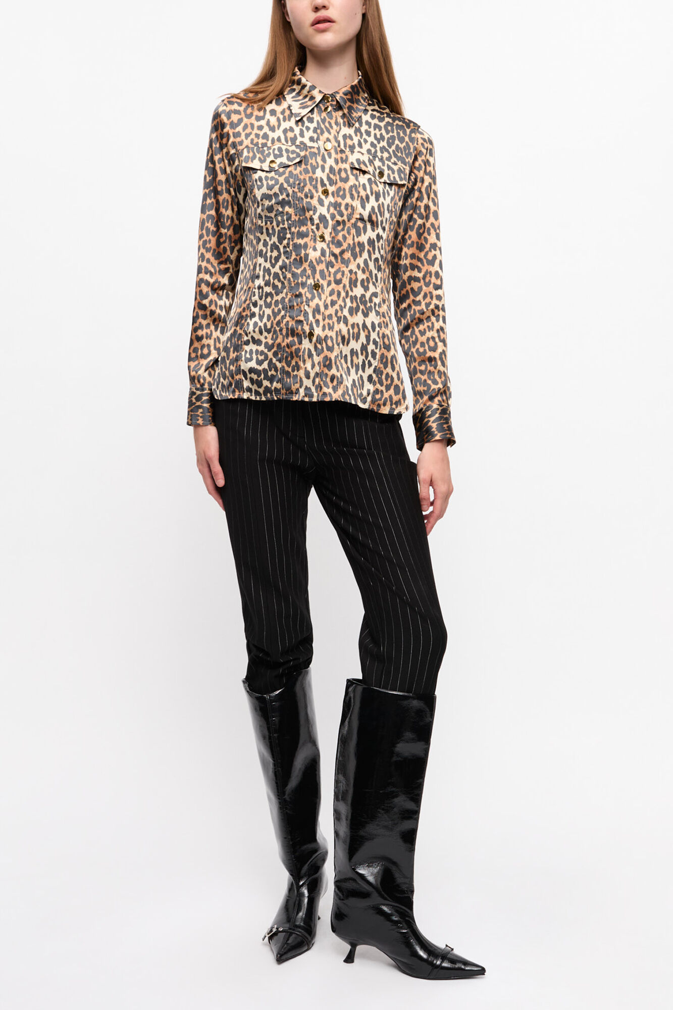 Leopard Print Satin Shirt, Viscose, in colour Leopard - 3 - GANNI