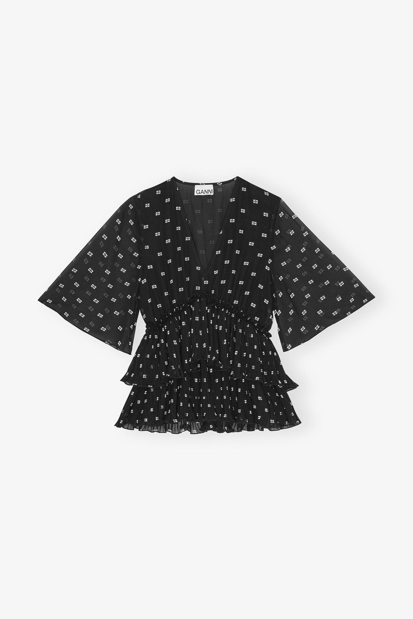 Black Pleated Georgette V-neck Flæsebluse, Recycled Polyester, in colour Black - 3 - GANNI