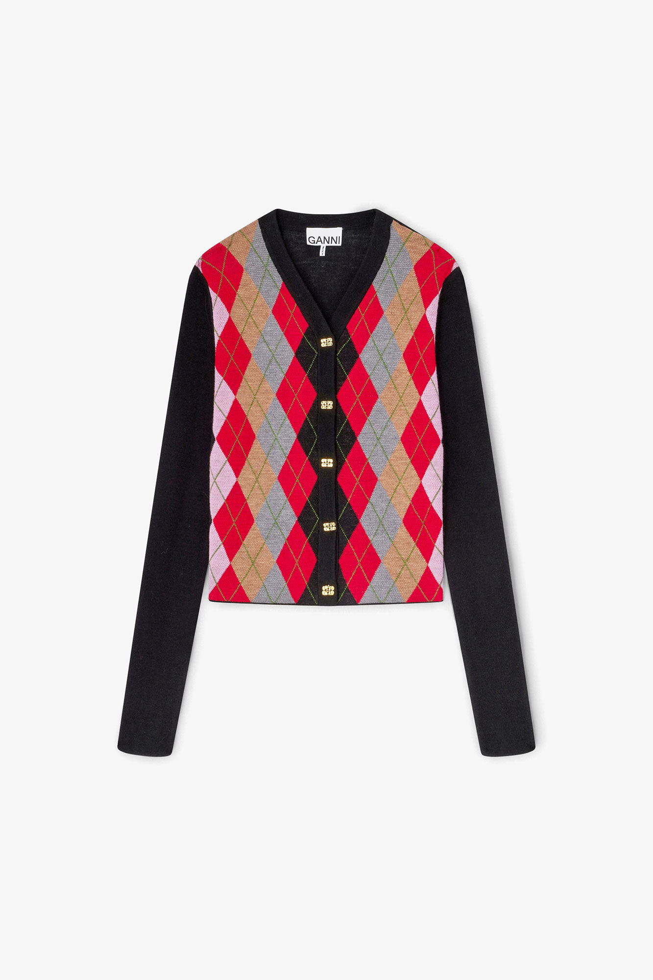 Fine Merino Harlequin Cardigan, Wool, in colour Jet Black - 1 - GANNI