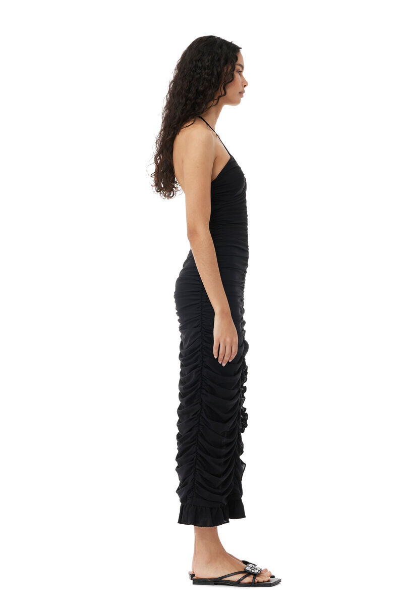 GANNI X ESTER MANAS Mesh Halterneck Gather Dress, Recycled Nylon, in colour Black - 3 - GANNI