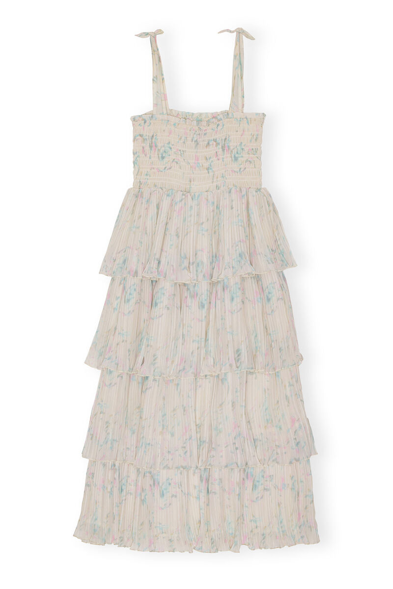 Floral Printed Pleated Georgette Strap Smock Midi Dress, Recycled Polyester, in colour Tofu - 2 - GANNI