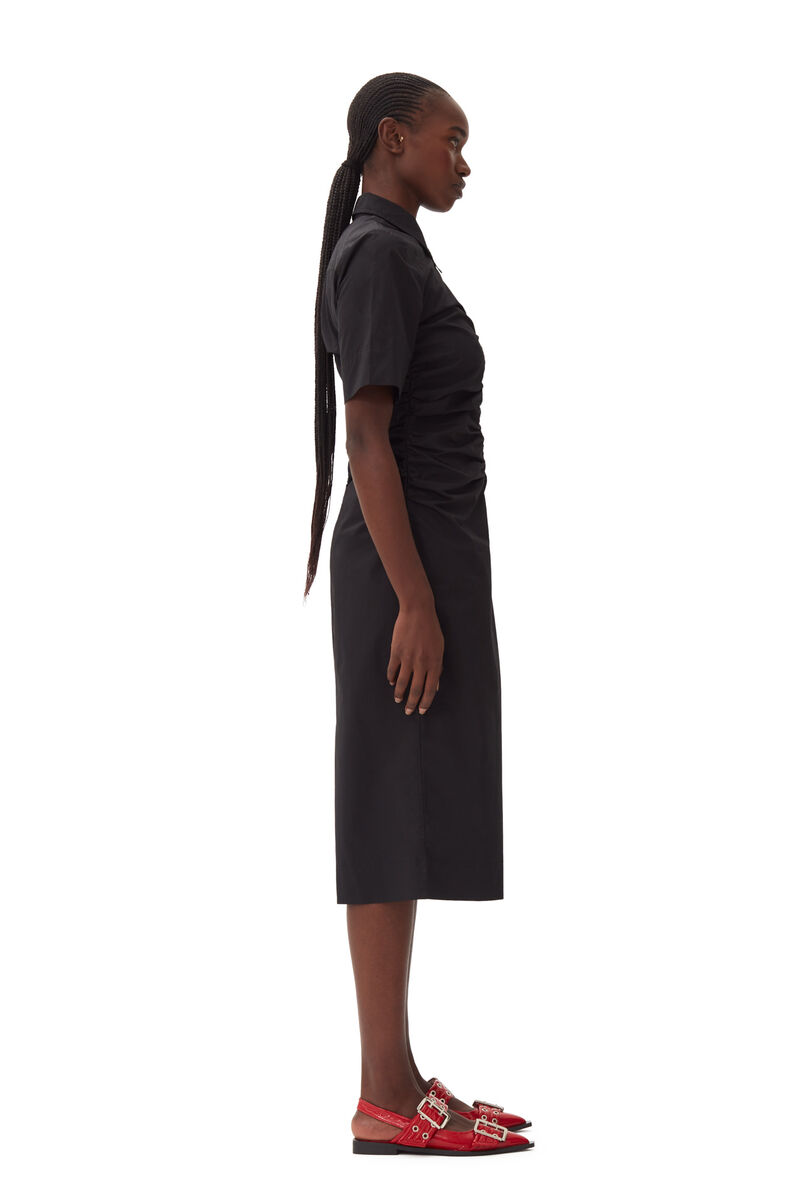 Black Cotton Poplin Gathered Midi-kjole, Cotton, in colour Black - 3 - GANNI