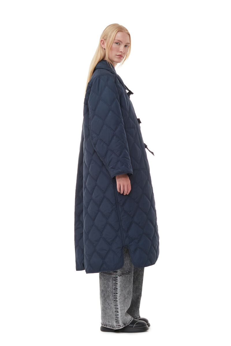 Blue Ripstop Quilt Asymmetric Coat, Recycled Polyester, in colour Sky Captain - 3 - GANNI