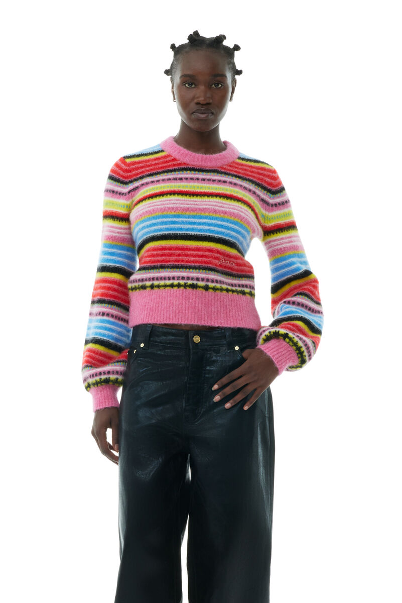 Striped Soft Wool O-neck Sweater, Alpaca, in colour Multicolour - 1 - GANNI