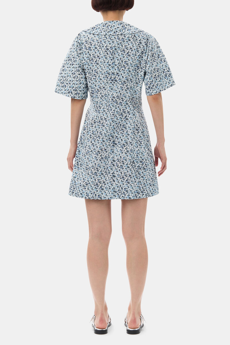 Blue Floral Printed Cotton Wrap Mini Dress, Organic Cotton, in colour Glacier Lake - 4 - GANNI
