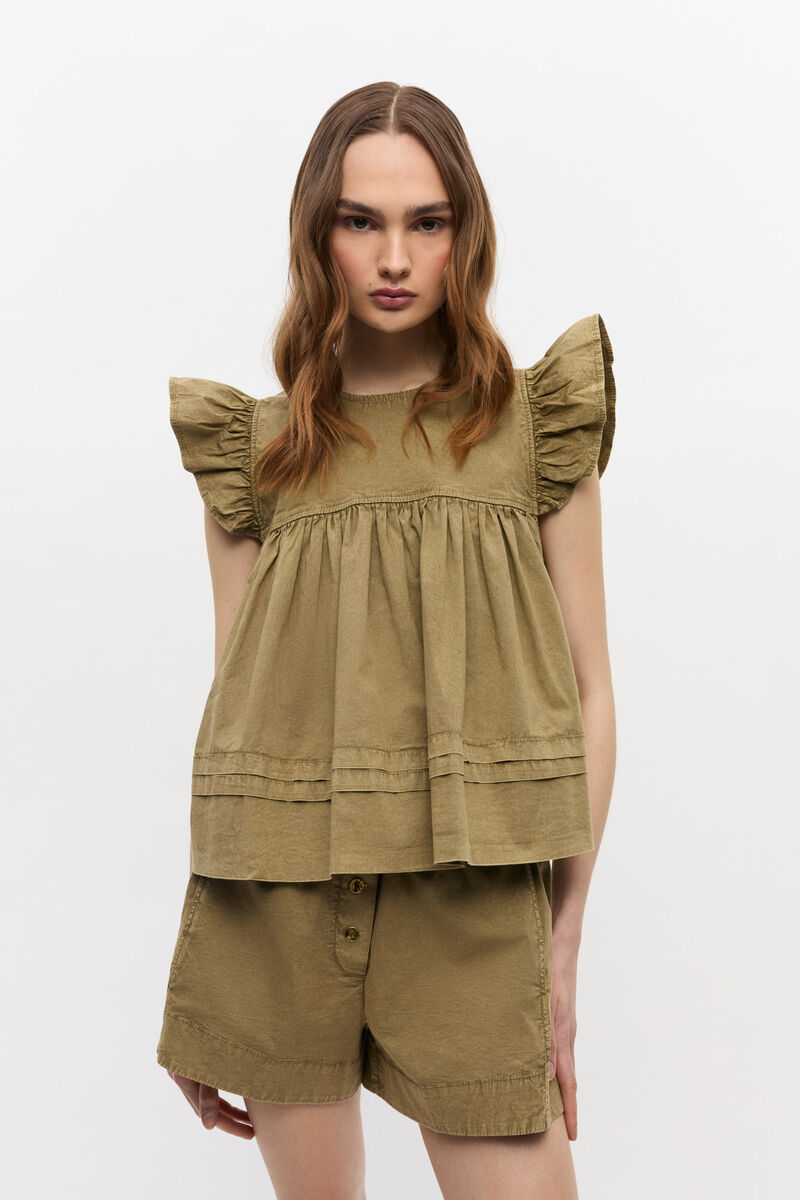 Green Washed Cotton Top, Elastane, in colour Boa - 1 - GANNI