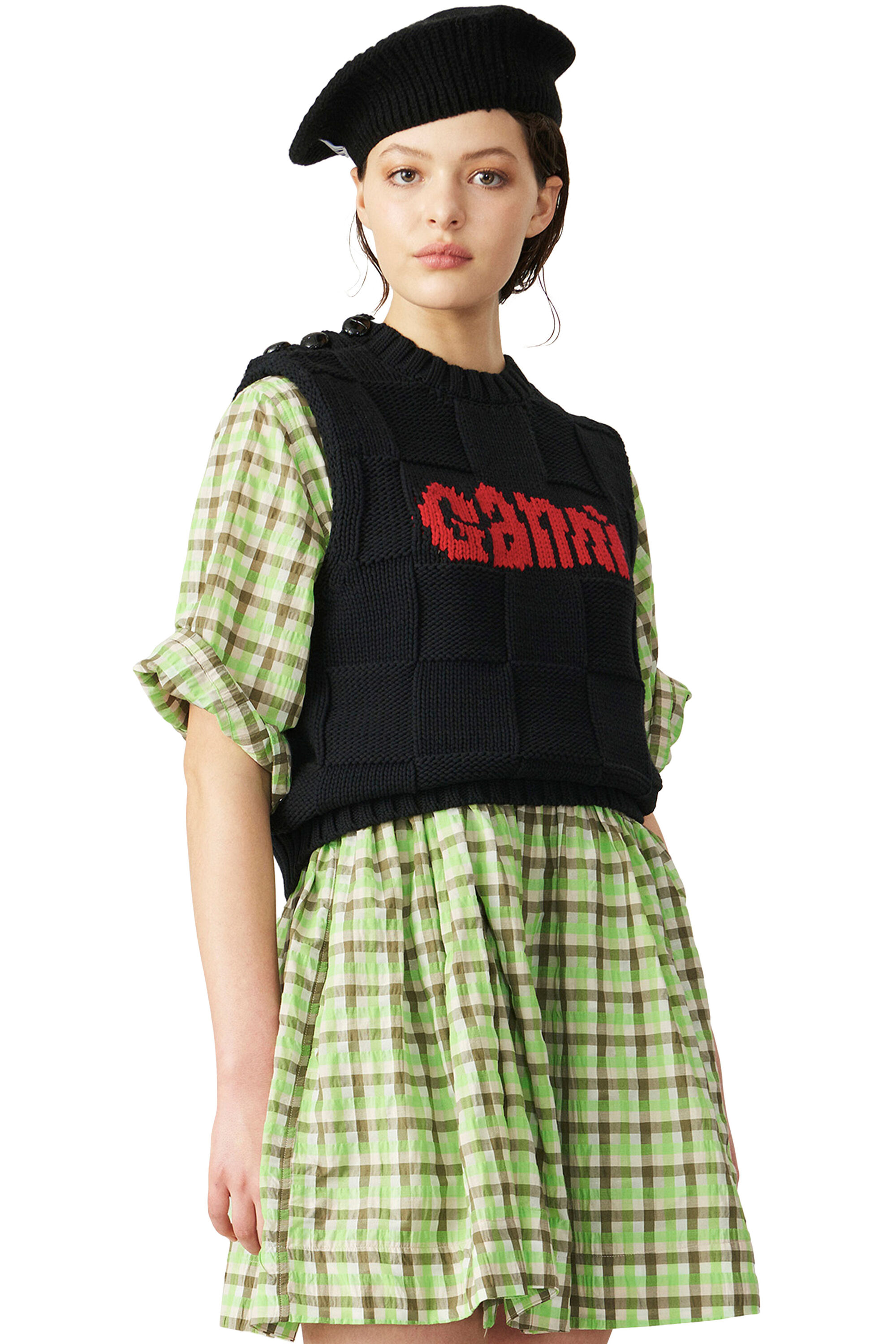 ganni.com | Checkerboard Knit Logo Vest