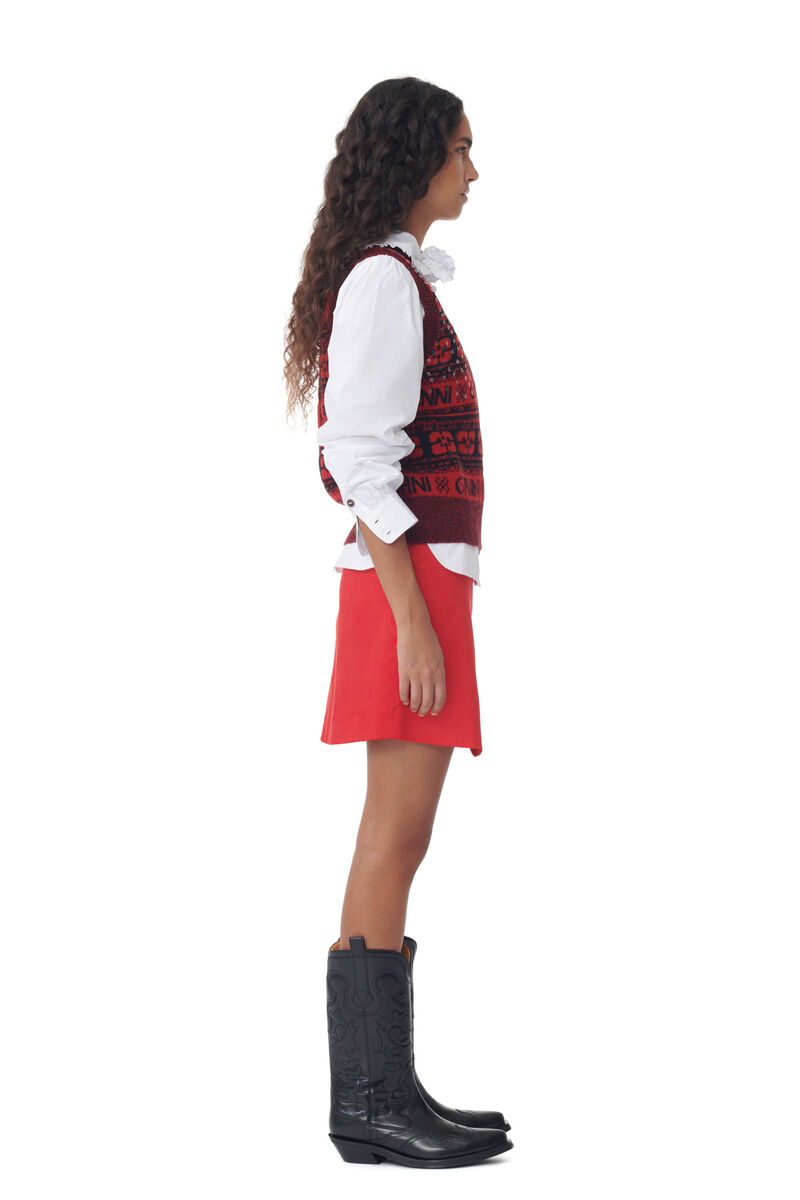Red Shiny Corduroy Mini Skirt, Organic Cotton, in colour High Risk Red - 2 - GANNI
