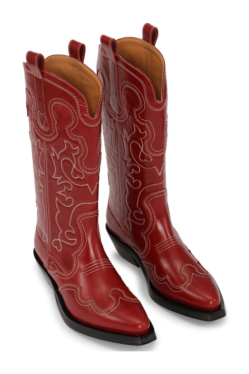 Red Mid Shaft Embroidered Western Støvler, Calf Leather, in colour Barbados Cherry - 3 - GANNI