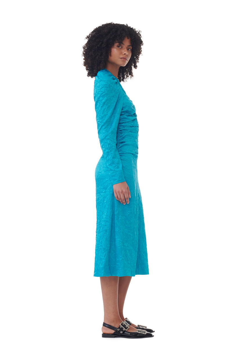 Blue Crinkled Satin O-Neck Midi Dress, Elastane, in colour Algiers Blue - 2 - GANNI
