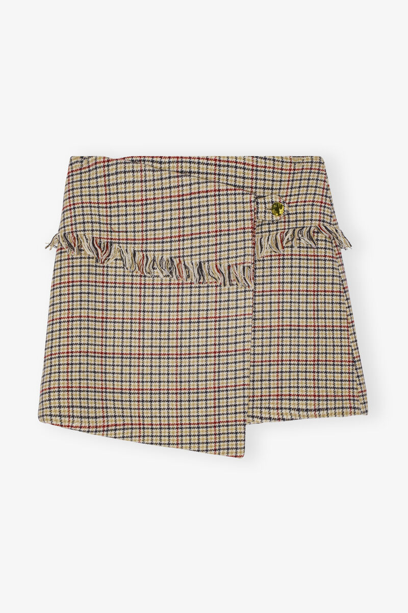 Check Asymmetrical Wrap Mini Skirt, Nylon, in colour Tiger's Eye - 1 - GANNI