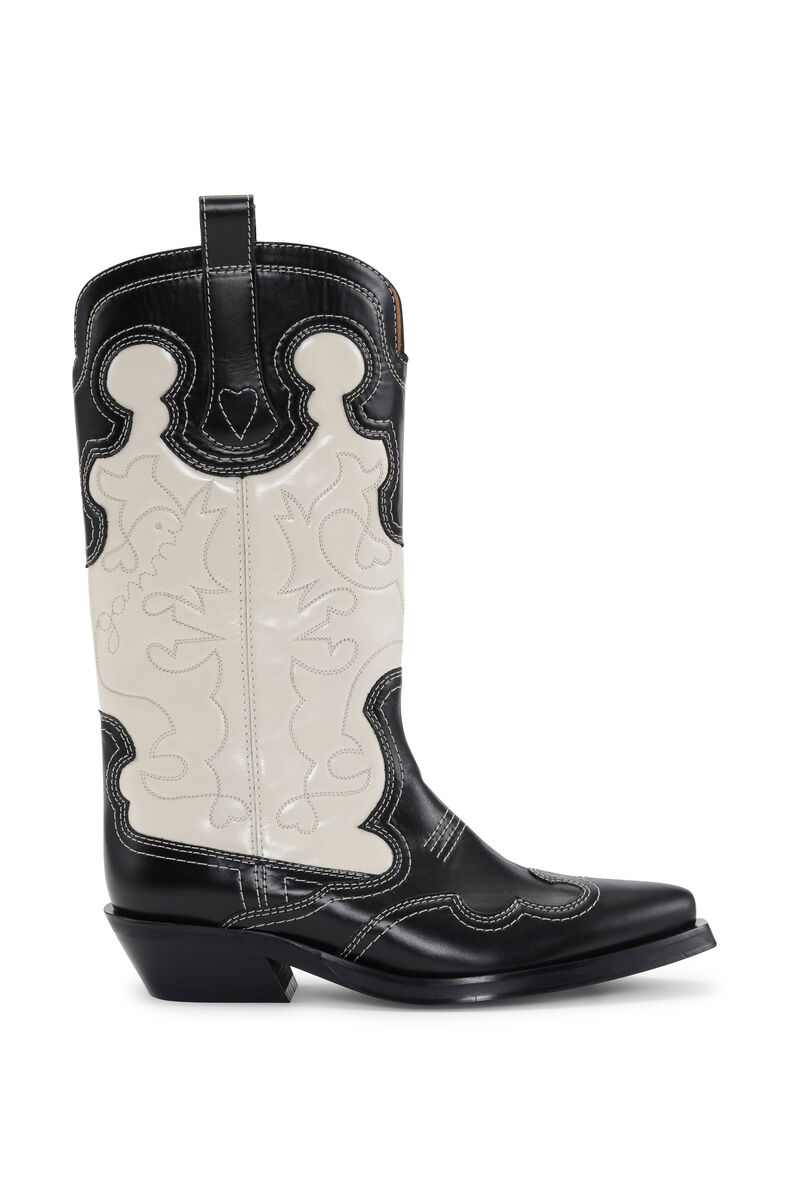 Embroidered Western Boots, Calf Leather, in colour Black/Egret - 1 - GANNI