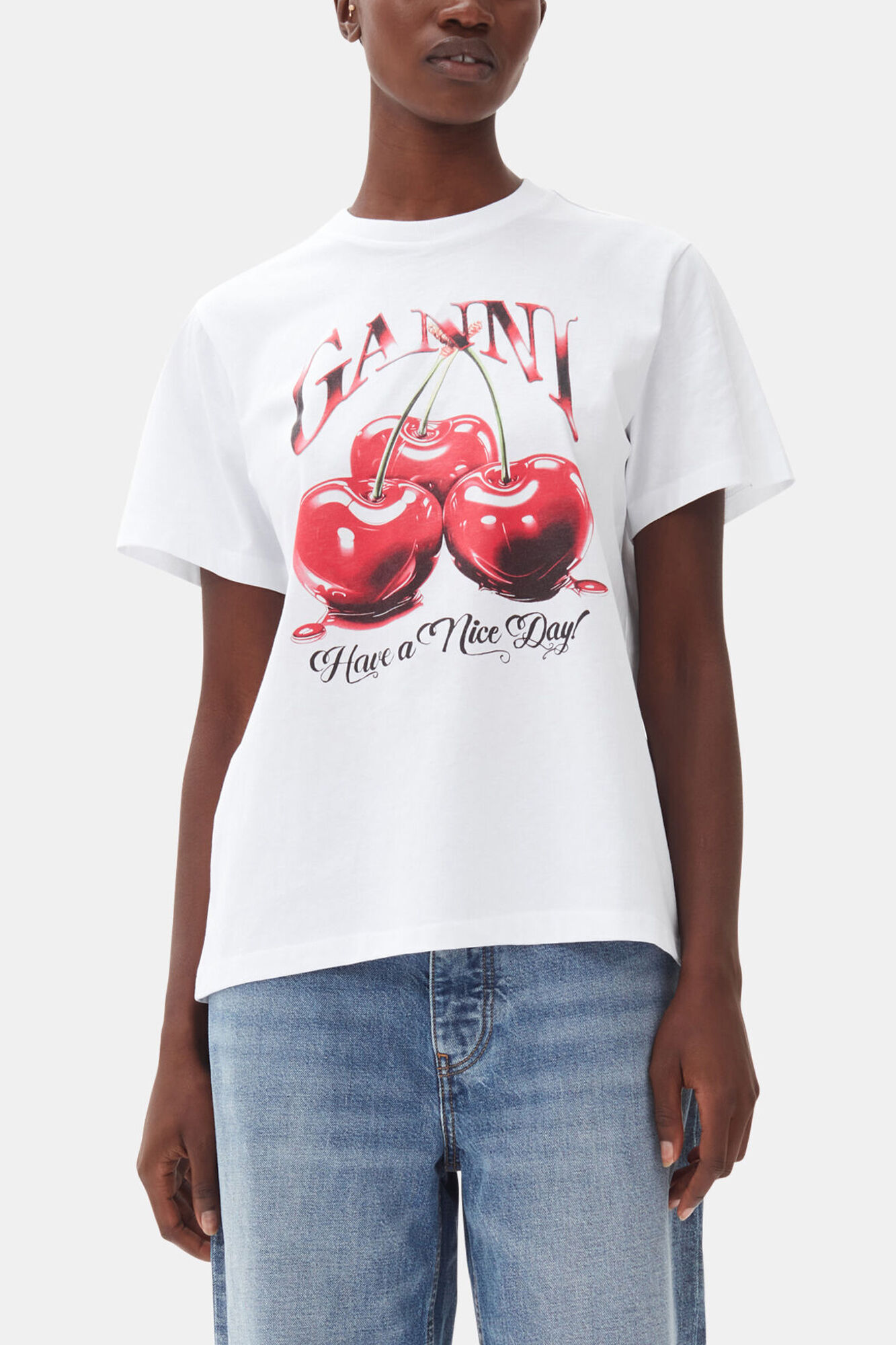 White Basic Jersey Cherry Relaxed T-shirt, Organic Cotton, in colour Bright White - 1 - GANNI