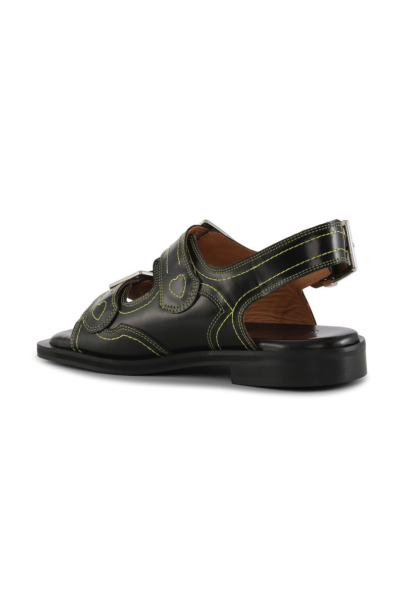 Embroidered Western Sandals, Calf Leather, in colour Black/Yellow - 2 - GANNI