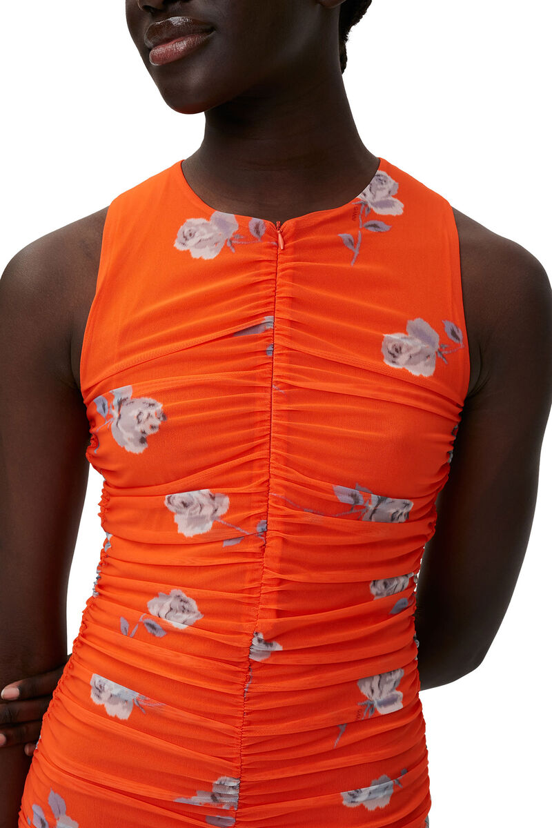 Orange Printed Ruched Mesh Midi Dress, Recycled Nylon, in colour Orangeade - 3 - GANNI