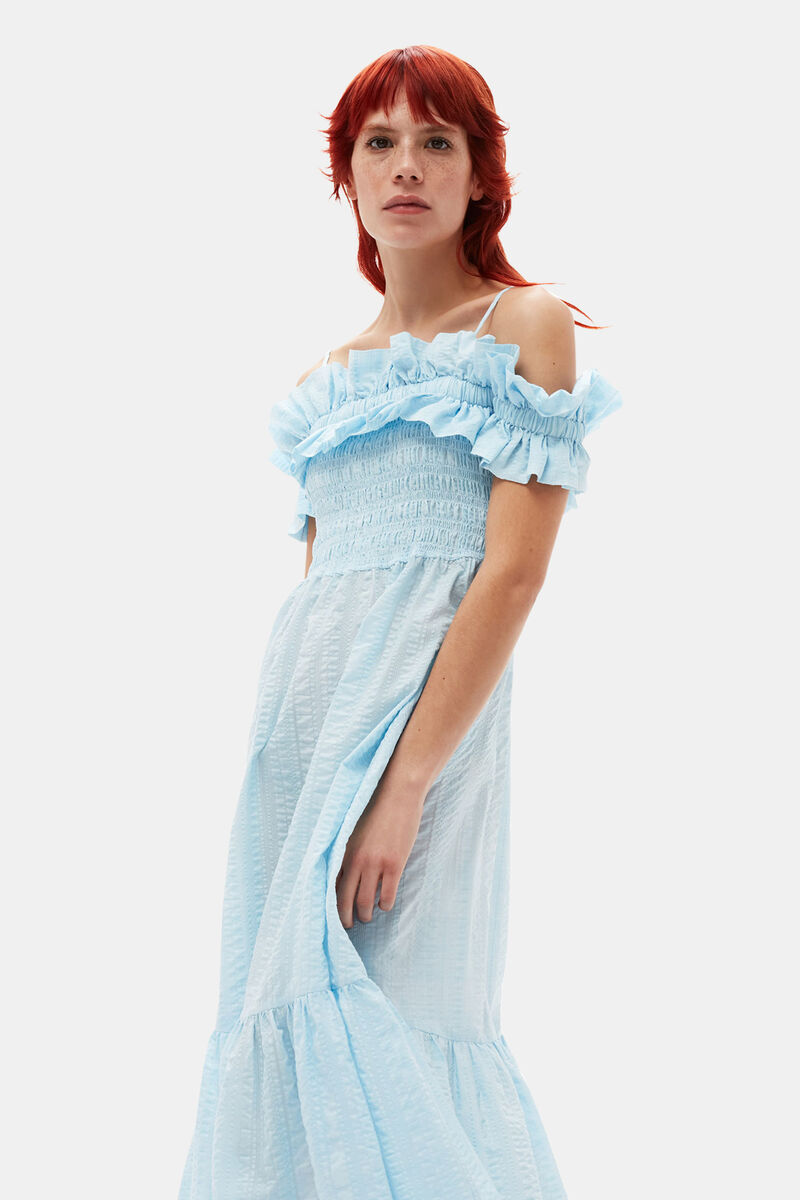 Seersucker Check Smock Maxi Dress, Elastane, in colour Ice Water - 3 - GANNI