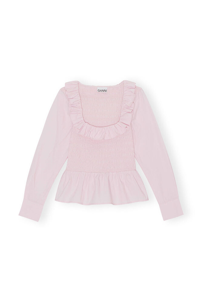 Cotton Poplin Open-neck Smock Blouse, Light Lilac