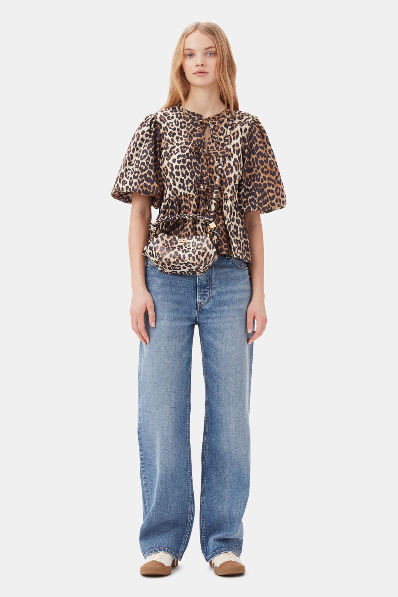 Leopard Bow Tie Front Puff Sleeve Peplum Blouse