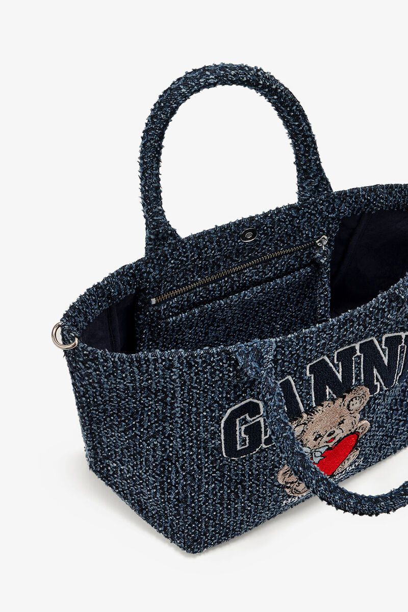 Tweed Denim Small Bear Tote, Organic Cotton, in colour Rinse - 3 - GANNI